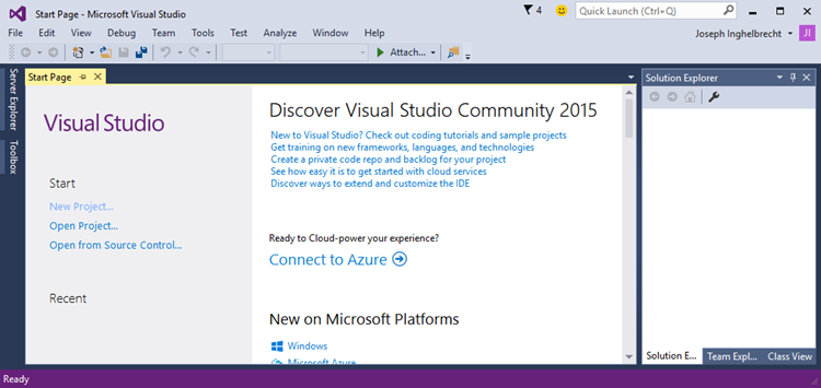 Start scherm Visual Studio 2015